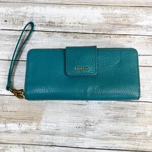 Fossil Leather Wallet Card Holder Pebbled Leather Zip Around Teal 7.5” x 3.5”